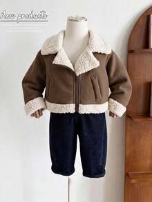 SHEIN Mommy And Me 卡其色保暖内衬拉链翻领夹克，适合户外、派对、雪地玩耍、秋冬季 - 棕色 - 查看 4