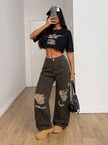 SHEIN MOD 大尺碼女款休閒寬鬆寬腿水洗破損藍色牛仔褲 - 棕色 - 查看 3