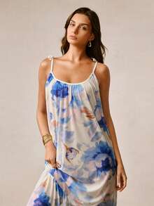 Hourtrue Camisola de Malha de Verão Vestido Feminino Sexy Decote Nas Costas Alças Finas Camisola Longa Conjunto de Robe e Pijama com Renda - Azul - Visão 4