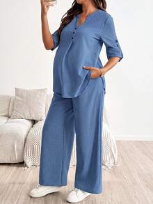 SHEIN Maternity Button-Front Half-Placket Long Sleeve Top And Adjustable Waist Long Pants 2 Pieces Set Fall - Baby Blue - View 5