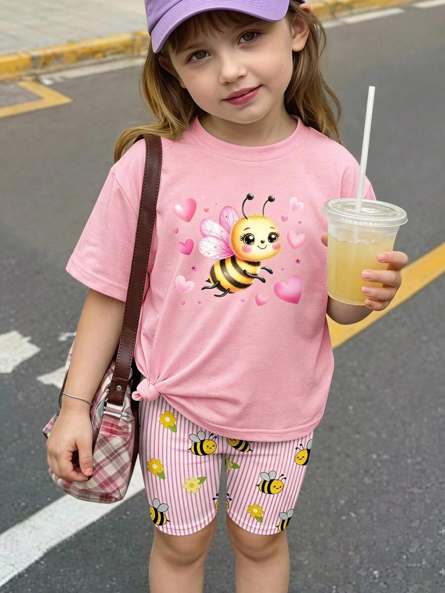 夏季套裝 春/夏/秋 青少女幼童休閒時尚創意個性化清新簡約可愛日系卡通蜜蜂愛心字母標語印花短T恤與單車褲套裝 - 彩色 - 查看 1