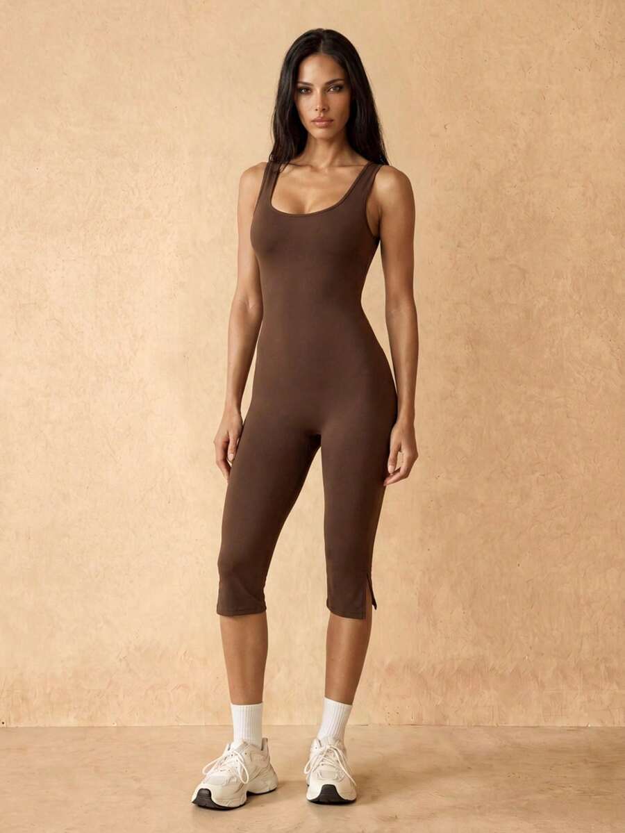 Silquee Women's Solid Color Tank Top Style Capri Length Sports Jumpsuit Gym Dark Brown Summer Athleisure Yoga Outfit Going Out Party Minimalist Activewear - Coffee Brown - View 1