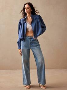 Willow Rêve Women's Dusty Blue Stand-Collar Cropped Jacket, Button Front, Pleated Puff Long Sleeves, Elegant French Style, Office Autumn - Navy Blue - View 4
