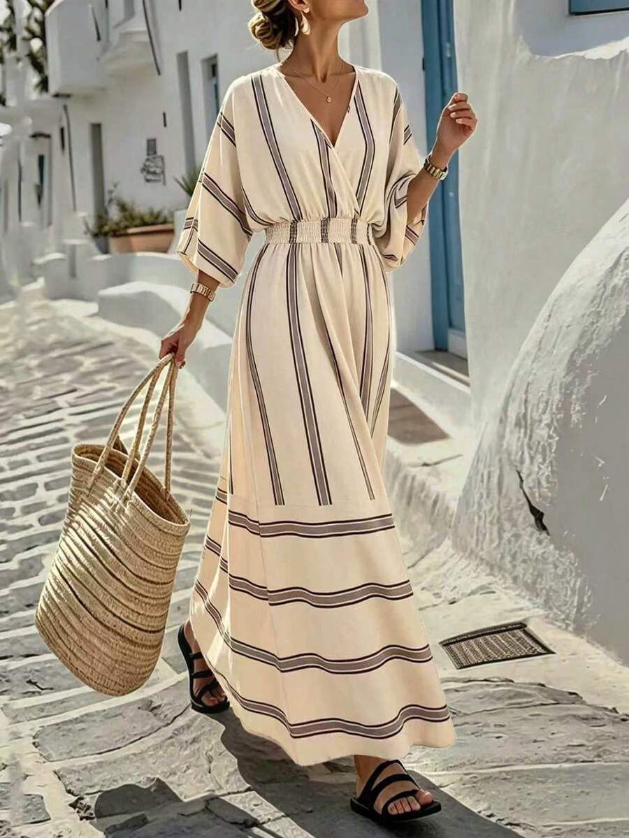Louniche 女款秋季藍白條紋V領和服袖A字度假洋裝，彈性腰頭休閒風 - 杏色 - 查看 1