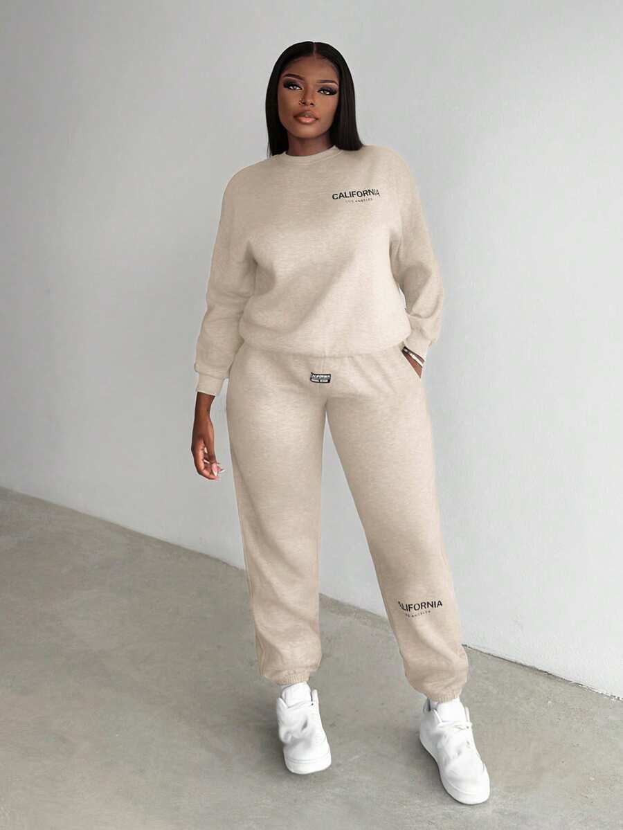 Slaydiva 1 Set Casual Grey Slogan Printed Round Neck Long Sleeve Sweatshirt And Slogan Printed Sweatpants - Apricot - View 1