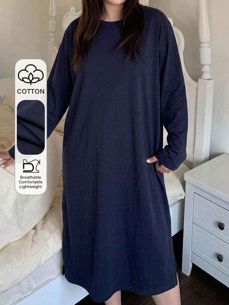 Dazy Plus 字母印花條紋寬鬆大尺碼女款T恤睡裙家居服 春夏 - 藏蓝色 - 查看 1