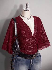 SHEIN ICON Plus Size Y2K Sexy V-Neck Lace Patchwork Flare Sleeve Top - Burgundy - View 8