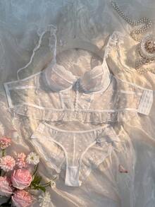 Crystal Vow Women's Lace Patchwork Spaghetti Strap Bra And Triangle Panty Sexy Lingerie Set - White - View 4
