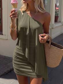 Aloruh Women's Solid Color One Shoulder Short Sleeve Ruched Fashion Mini Dress For Vacation Vacation Beach Olive Green Summer Sexy - Army Green - View 4