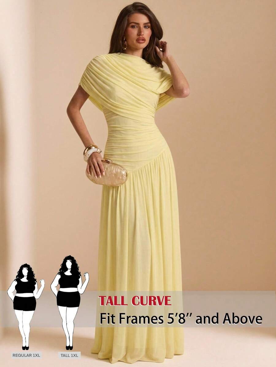 SHEIN Tall CURVE Plus Size Elegant Party Solid Color Ruched Dress - Light Yellow - View 1