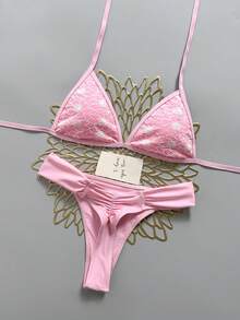 Swim Mod 女款 2 件組粉色紋理布料三角綁帶上衣與抓皺比基尼泳褲泳裝套裝，夏季海灘女孩泳衣 - 粉色 - 查看 1