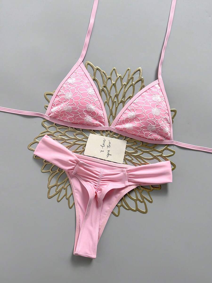 Swim Mod 女款 2 件組粉色紋理布料三角綁帶上衣與抓皺比基尼泳褲泳裝套裝，夏季海灘女孩泳衣 - 粉色 - 查看 1