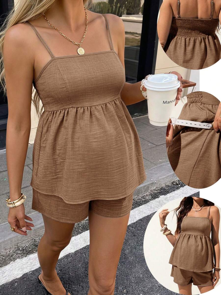 SHEIN Women's Casual Vacation Solid Color Ruffle Collar Cardigan & Shorts Maternity Set, Spring/Summer - Brown - View 1