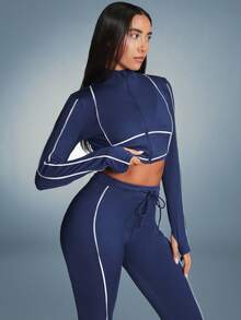 11SKNDS Cropped Full Zip Stand Collar Long Sleeve Sport Jacket With White Contrast Piping Detail And Thumbhole Cuffs With Sweat-Wicking & Breathable, For Gym Workout Fitness, Running, Training & Hy-Rox - Blue - View 2