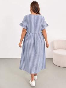 SHEIN Essnce Vestido de Talla Grande Minimalista Casual a Rayas con Bolsillo y Puño con Volantes - Multicolor - Ver 2