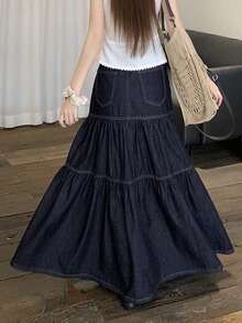 DAZY Women's Long Vacation Style Washed Denim Skirt Cute Tops - Dark Wash - View 7