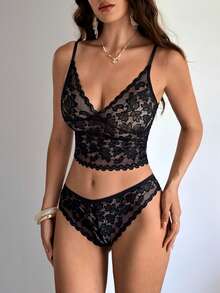 Firerie Women's Romantic French Black Lace Lingerie Set With Scallop Details, Baddie Look.Black  Lace, Fall,Winter ,Luxury.All Gathered Together - Black - View 6