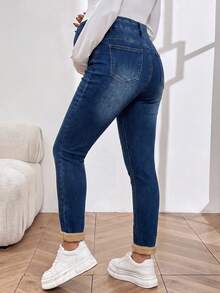 SHEIN 孕婦保暖內襯修身休閒百搭牛仔褲女式牛仔裝 - 藍色 - 查看 7