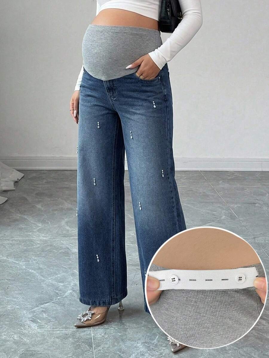 DAZY Casual Washed Rhinestone Decor Elegant Daily Wear Wide Leg All Season Maternity Long Denim Jeans Fall - Medium Wash - View 1