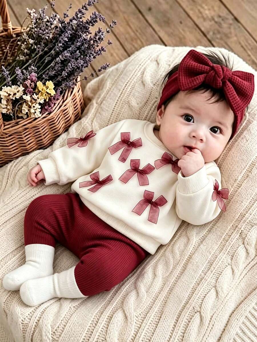 SHEIN Playful Pals 女嬰春秋時尚可愛紅色蝴蝶結圓領長袖衛衣與內搭褲2件套,適合家庭穿搭、1歲生日、婚禮派對及各種場合 - 酒紅色 - 查看 1