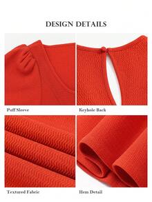 ELLERISSA Plus Size Red Scoop Neck Puff Sleeve Textured A-Line Midi Dress - Burnt Orange - View 7