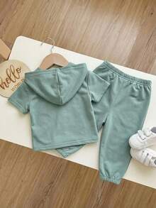 SHEIN Baby Boy/Girl Sage Green Striped Contrast Color Hooded Sleeveless Top,Elastic Waist Pants 2-Piece Set,Summer Casual Vacation Collegiate Style Outfit - Multicolor - View 2
