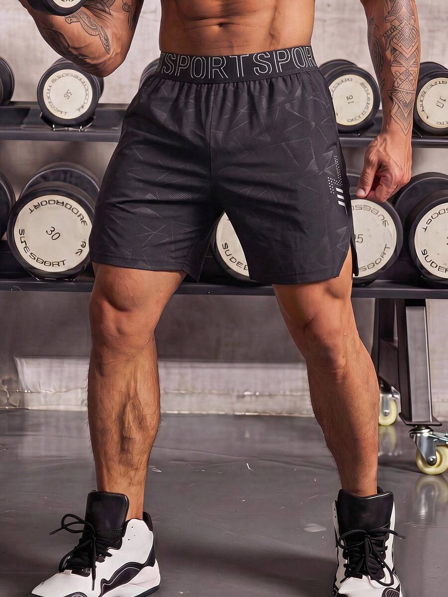 GymBeat Men's Letter Webbing Waistband Sports Shorts - Black - View 1