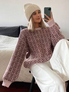 DAZY Women's Loose Fit Floral Jacquard Long Sleeve Lantern Sleeve Casual Vacation Spring/Autumn Pullover Knit Sweater - Pink - View 4
