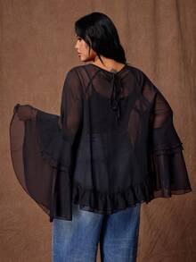 Rustia Plus Size Women's See-Through Chiffon Blouse, Ruffled Bell Sleeve Sheer Top, Y2K Gothic Style Party Casual Shirt Fall - Black - View 2
