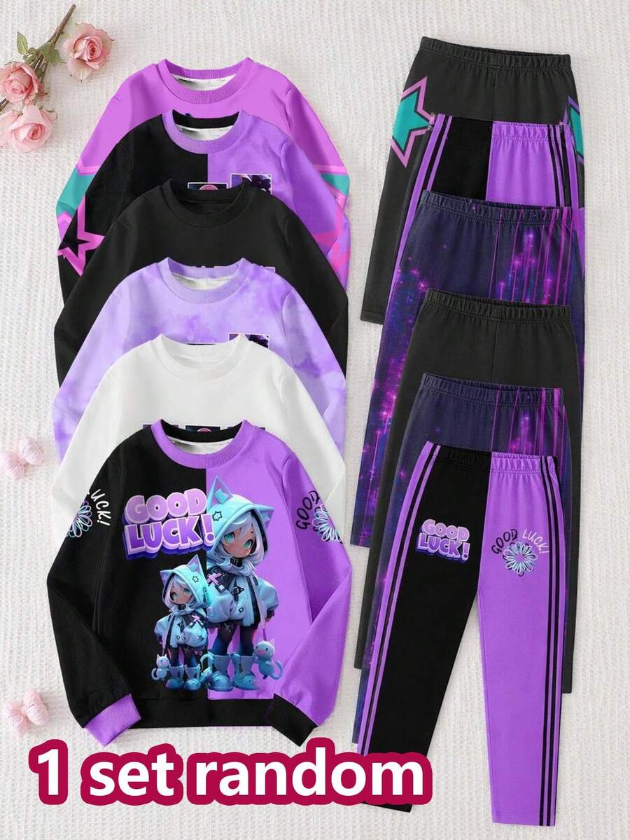 两件套韩流印花上衣，少女圆领卫衣和打底裤套装，时尚休闲，适合秋冬季穿着
