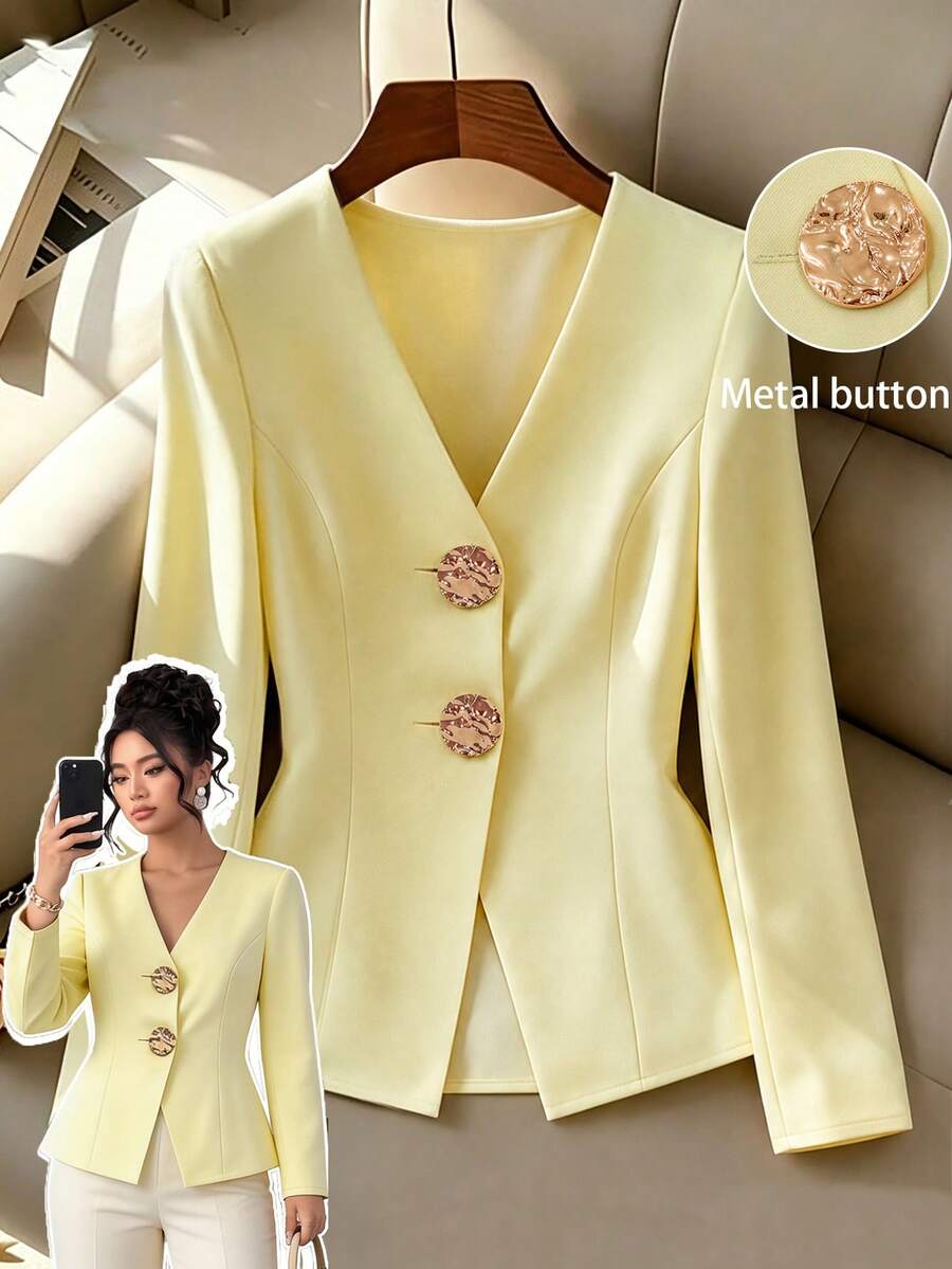 GlowEve CURVE 大尺碼女款奶油黃收腰夏季商務休閒西裝外套,適合約會、日常外出 - 黃色 - 查看 1