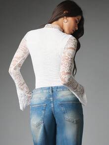 MISSGUIDED Floral Lace High Neck Long Sleeve Crop Top With Bell Cuffs Rhinestone Button Detail Semi Sheer Elegant Bodysuit Blouse - White - View 3