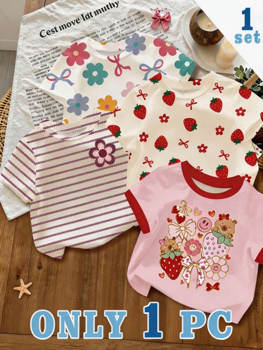 Souflis Souflis 1件女嬰夏季服飾驚喜盒 [隨機4件，發送1件] 女孩休閒圓領短袖T恤，可愛蝴蝶結，多巴胺花卉，條紋印花，柔軟舒適夏季上衣，女嬰時尚T恤，幼兒服飾，春/夏季服飾 - 彩色 - 查看 1