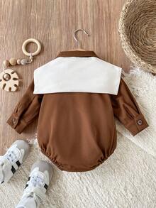 SHEIN Playful Pals 男嬰休閒舒適襯衫領前開扣撞色披肩長袖連身衣 - 棕色 - 查看 2