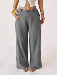 SHEIN PETITE 100% Washed Cotton Low Waist Straight Pants ,Petite Women - Grey - View 4