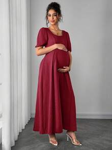 Momance Comfortable Asymmetrical Shoulder Ruched Waist A-Line Elegant Romantic Maternity Dress - 酒紅色 - 查看 4