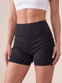 Easithlete Easithlete Wide Waist Side Drawstring Double Layer Sports Shorts - Black - View 5