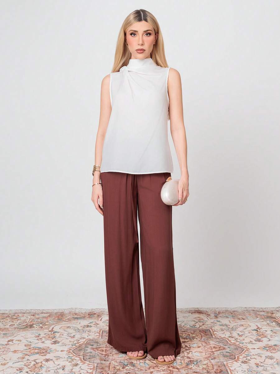 PRISCILA ESCOTO PRISCILA ESCOTO Women's Linen Blend Low Waist Straight Leg Casual Pants, Suitable For Holidays Work Pants,Linen Pants Brown Summer - Rust Brown - View 1