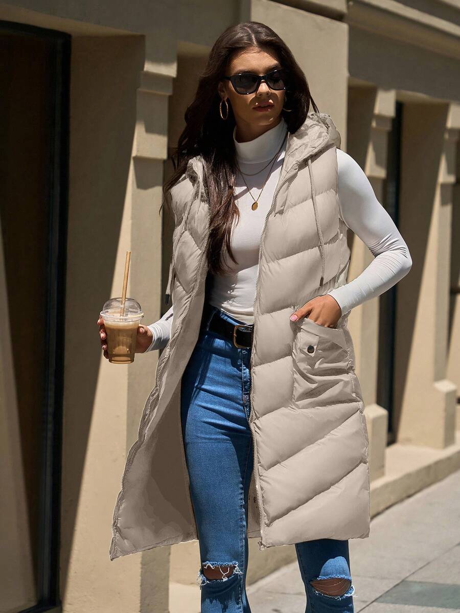 EURMUSE Sleeveless Hooded Pocket Design Zip-Up Long Padded Coat - Cream - View 1