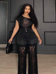 Slaydiva Plus Size Fashion Street Sequin Lace Patchwork Button Denim Jeans,Black Rhinestone Lace Panel Flare Jeans,Y2K ,Halloween,Christmas,Elegant,New Year - Black - View 6