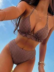 Swim Vcay Plus Size Women's Sexy Tropical 1960s Brown With White Polka Dot Tie Bikini Two Pieces Swimwear Set Beach Party Summer Beach Vacation Summer - Brown - View 2