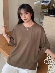 Dazy Plus Solid Color Loose Casual Front Short Back Long Hem Split Design Pullover 3/4 Sleeve T-Shirt For Spring Summer Autumn - Brown - View 6