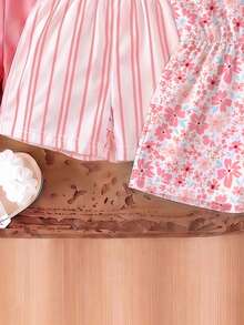 SHEIN Playful Pals 3件套女童夏季新款2026碎花条纹印花连体衣，简约百搭度假风连体裤 - 彩色 - 查看 3