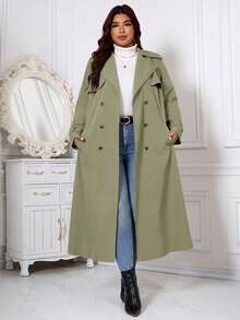 SHEIN Clasi Plus Size Fashion Elegant Double-Breasted Pocket Long Sleeve Trench Coat - Mint Green - View 5
