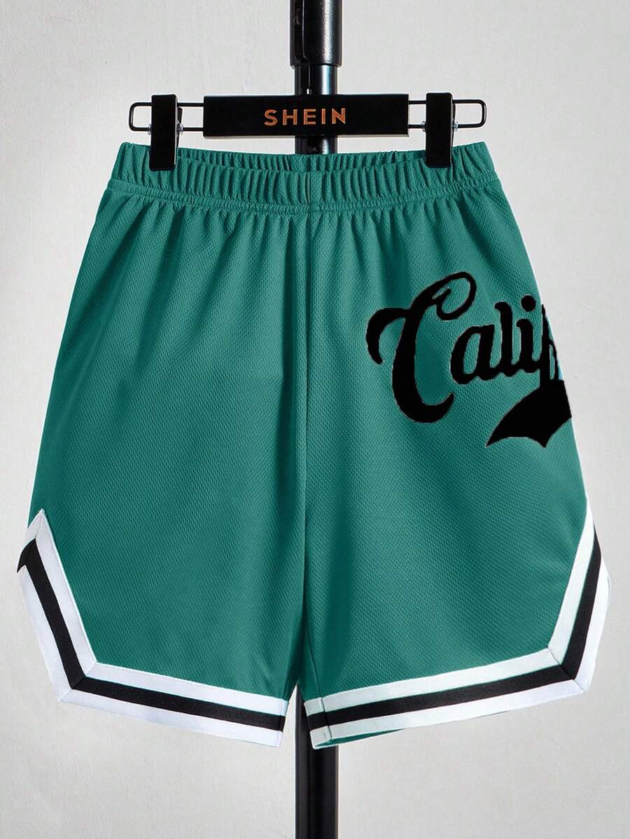 SHEIN Tween Boys' Loose Elastic Waist Graphic Print Casual Shorts - Green - View 1