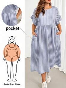 SHEIN Essnce Vestido de Talla Grande Minimalista Casual a Rayas con Bolsillo y Puño con Volantes - Multicolor - Ver 1