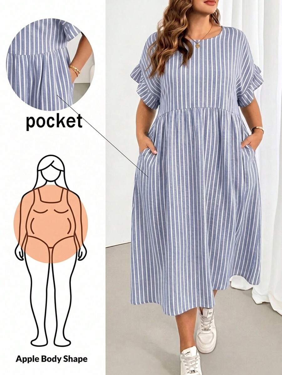 SHEIN Essnce Vestido de Talla Grande Minimalista Casual a Rayas con Bolsillo y Puño con Volantes - Multicolor - Ver 1