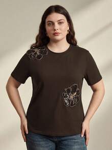 Anewsta Plus Size Women's Floral Print Casual Versatile Daily Short Sleeve T-Shirt - Coffee Brown - View 7