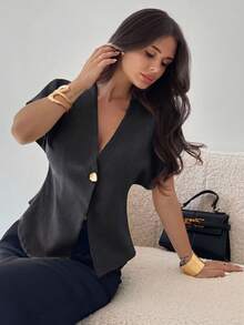 Firerie Women's Solid Color Metal Single Button Batwing Short Sleeve Regular Jacket - Dark Grey - View 5