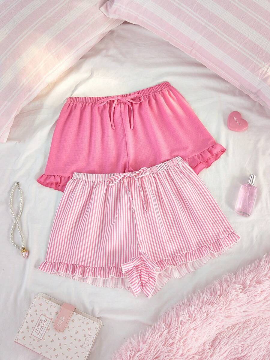 SweetSlumber Women's Sweet INS Pink Striped Pajama Bottoms 2pcs Set - Pink - View 1